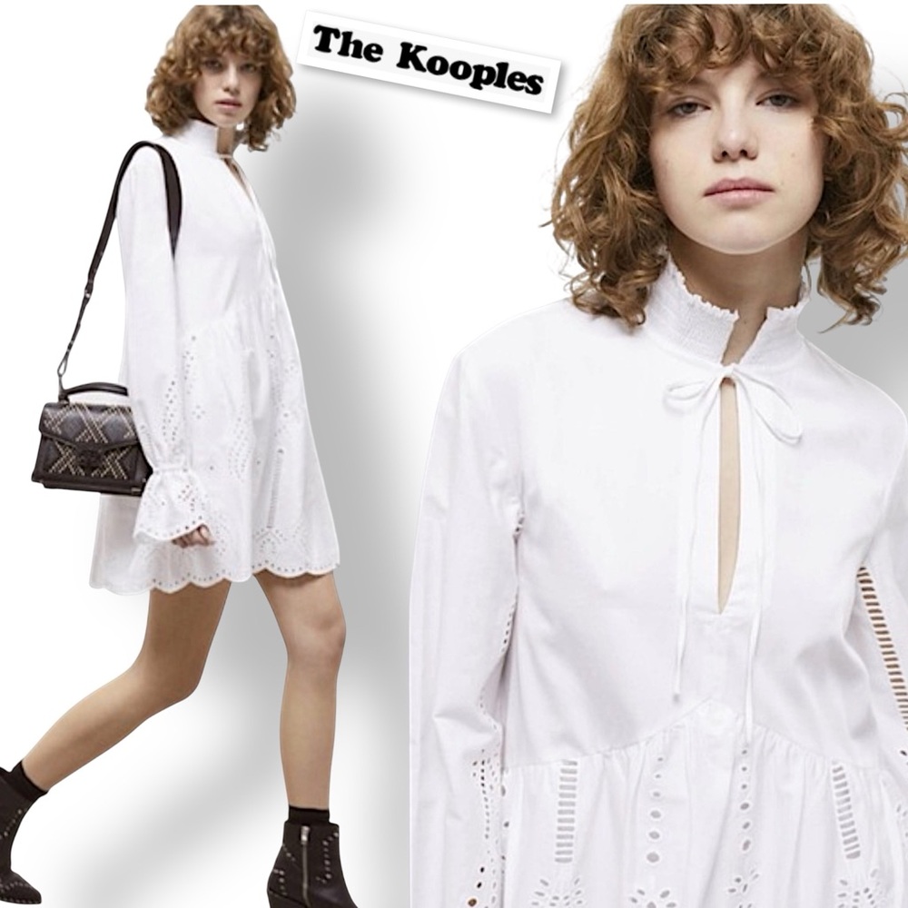 The Kooples Paris White Mini Dress With Broderie Anglaise Long Sleeve Size 2 - Picture 3 of 12